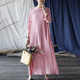 Artsy Vintage Stand Collar Tray Buckle Long Solid Color Dress