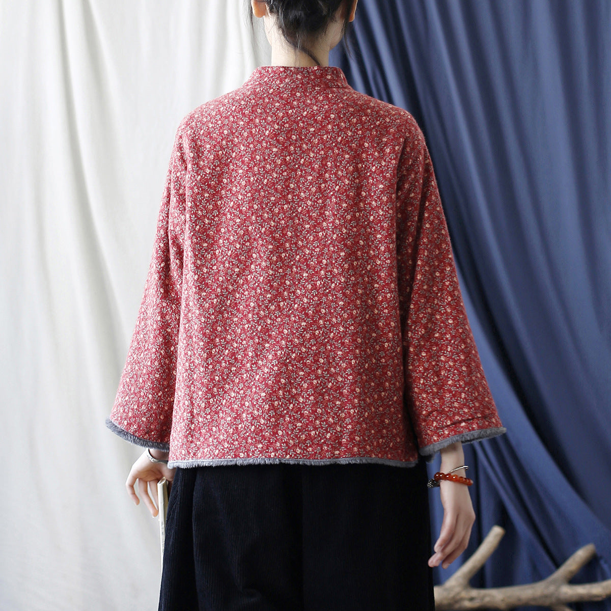 Retro Floral Stand Collar Long Sleeve Velvet Cotton Coat