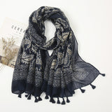 Cotton And Linen Print Bohemian Chic Scarf With Fringe