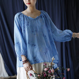 Ramie Printed V-Neck Lantern Sleeve Top