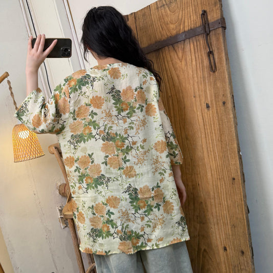 Women Summer Artsy Flower O-Neck Ramie Thin Shirt