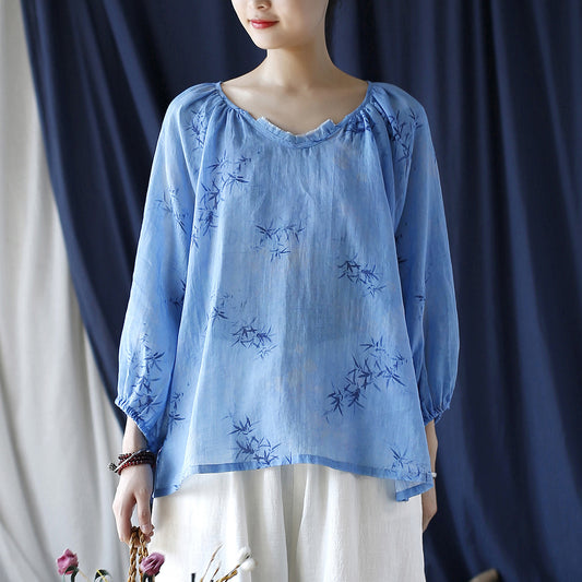 Ramie Printed V-Neck Lantern Sleeve Top