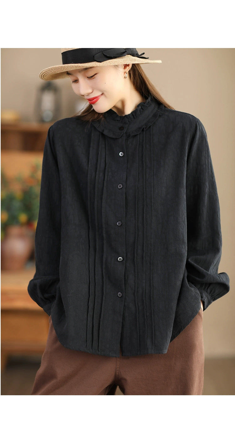 Artistic Accordion Pleated Textured Cotton Lapel Shirt