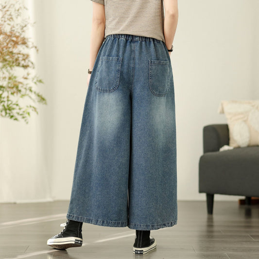 Retro Artistic Patch Embroidery Elastic Waist Denim Casual Wide Leg Pants