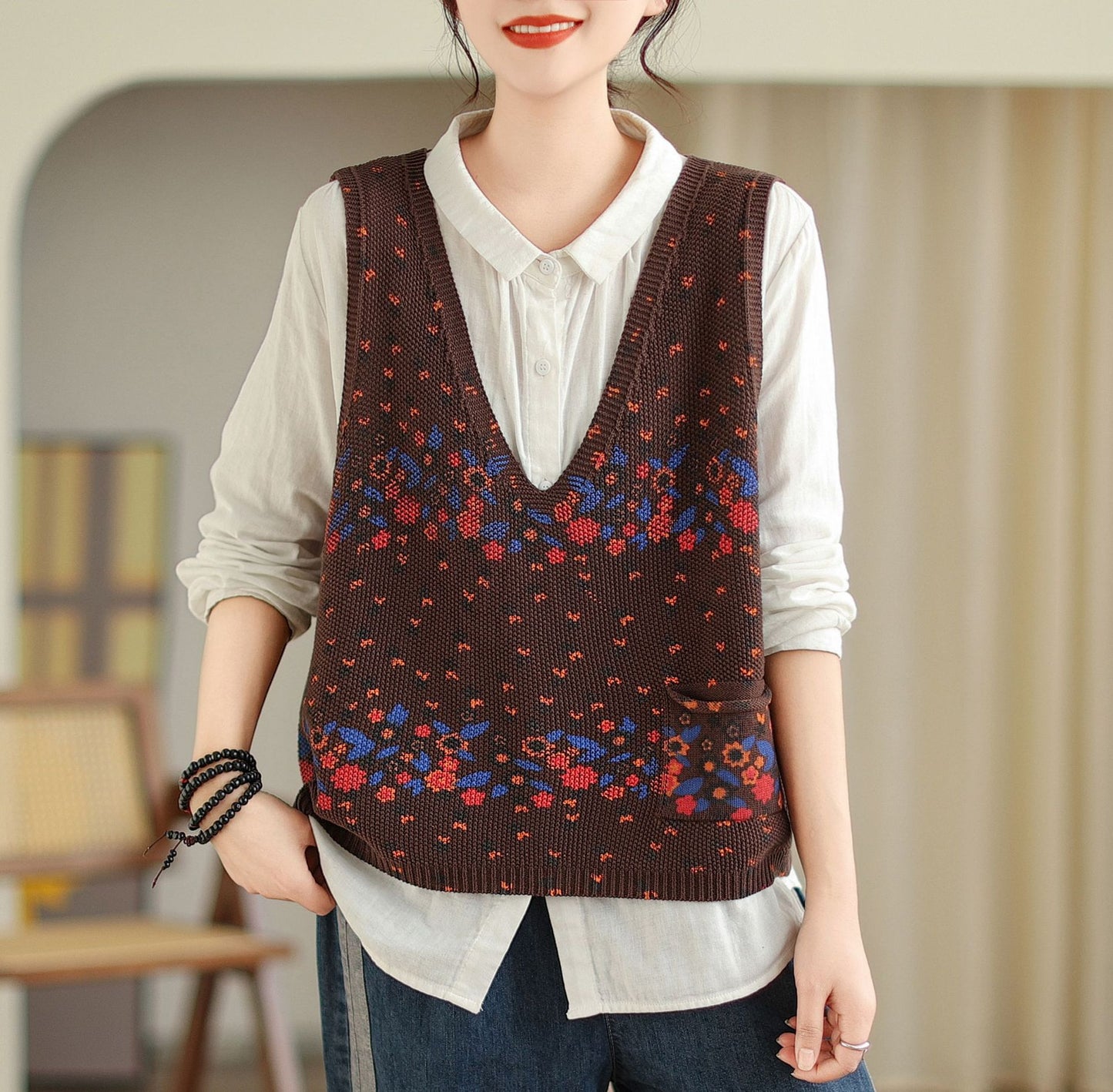 Literary Printed Knitted Retro Loose Splicing Vest