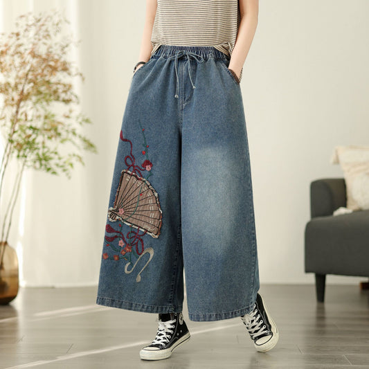 Retro Artistic Patch Embroidery Elastic Waist Denim Casual Wide Leg Pants