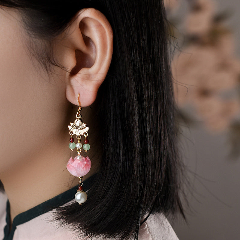 Chinese Style Classical Nasturtium Long Tassel Earrings