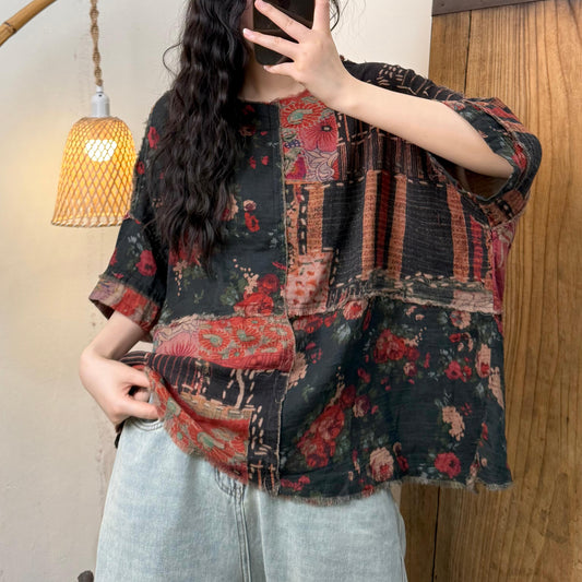 Women Summer Retro Flower Spliced O-Neck Cotton Shirt