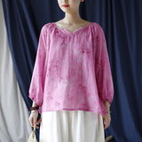 Ramie Printed V-Neck Lantern Sleeve Top