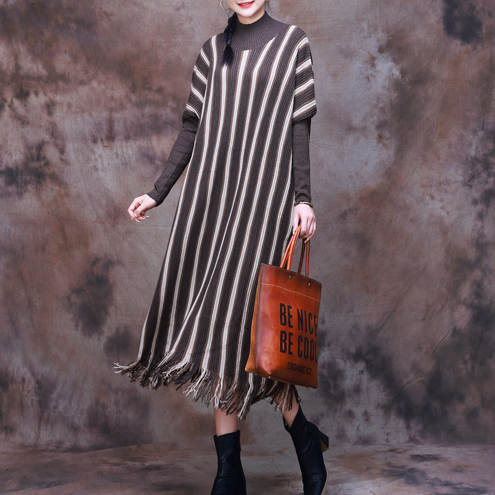 Autumn Wool Knit Striped Fringe Slim Dolman Sleeve Dress