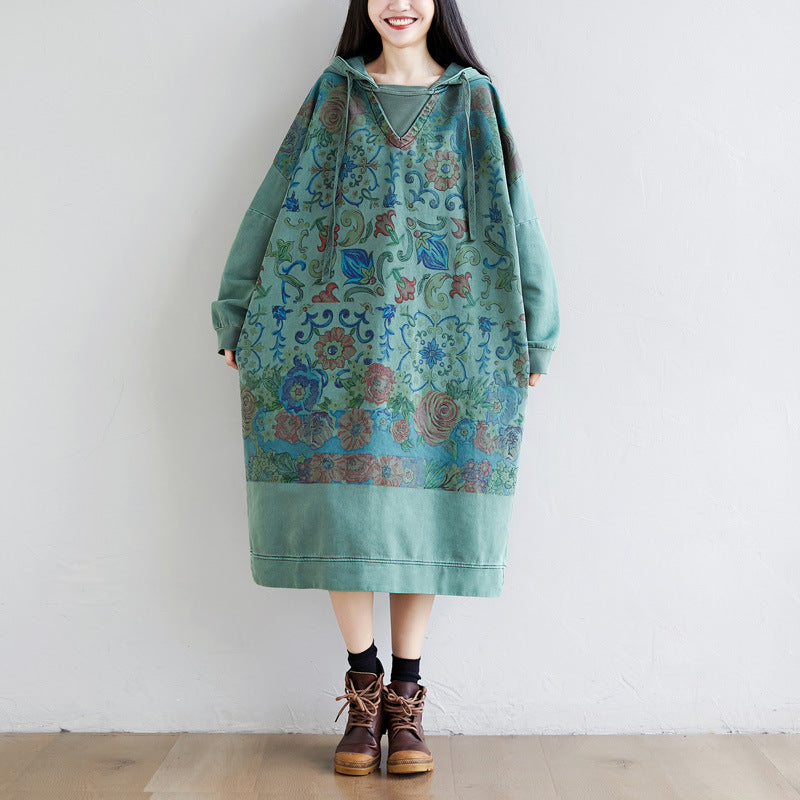 Literary Stitching Hooded Plus Size Slimming Dress