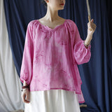 Ramie Printed V-Neck Lantern Sleeve Top