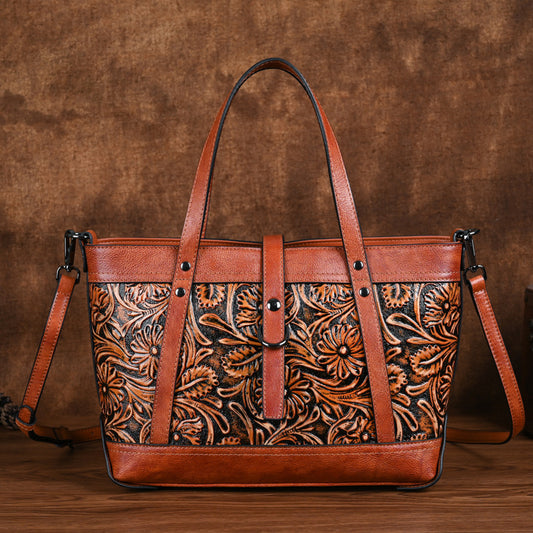 Vintage Top Layer Cowhide Vegetable Tanned Leather Hand Carved Bag