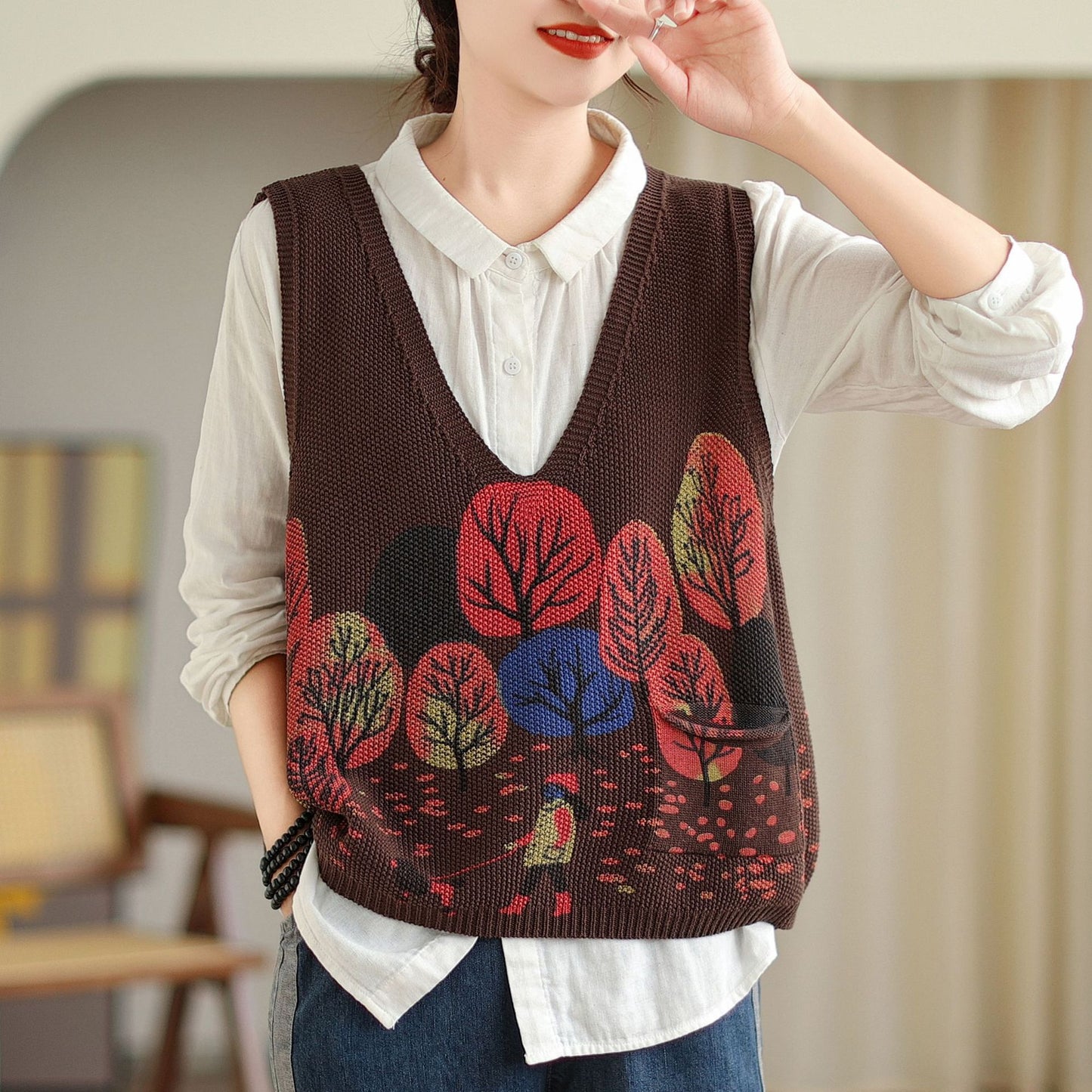 Literary Retro Loose Printed Knitted V-Neck Vest