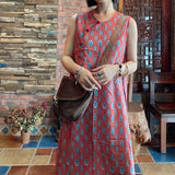 Buckle Cotton And Linen Printed Sleeveless Loose Dress
