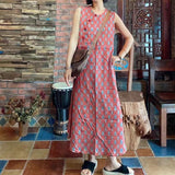 Buckle Cotton And Linen Printed Sleeveless Loose Dress