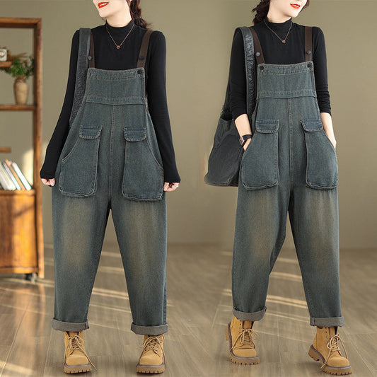 Salopette en denim décontractée ample de grande taille rétro littéraire