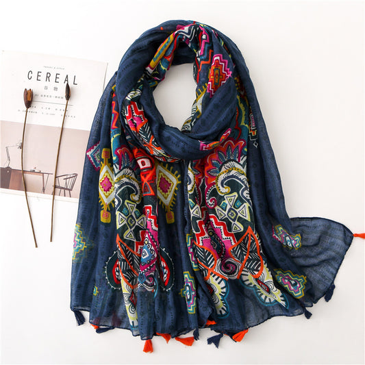 Cotton And Linen Print Bohemian Chic Scarf With Fringe