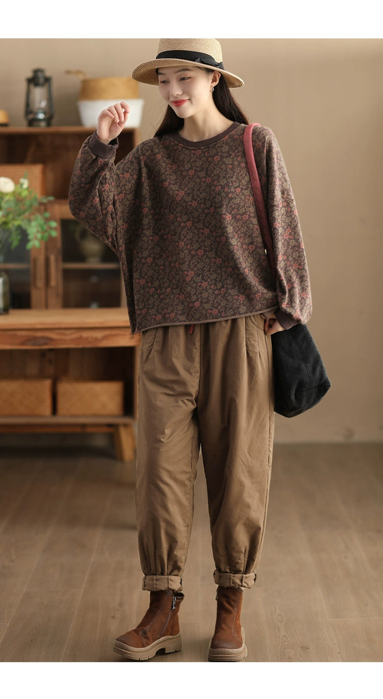 Vintage Loose-Print Knitted Cotton Casual Pullover