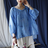 Ramie Printed V-Neck Lantern Sleeve Top