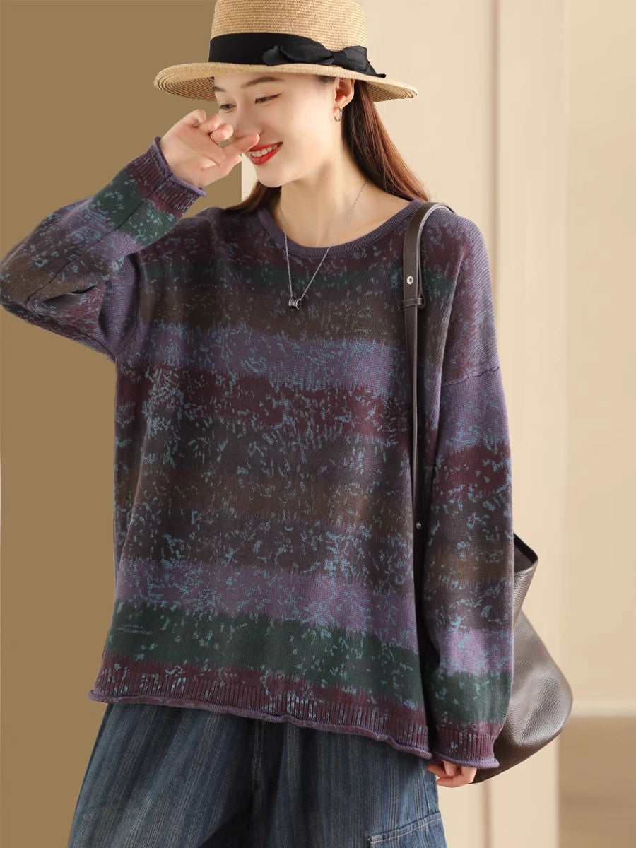 Vintage Print Knit Crew Neck Long-Sleeved Baggy Sweater