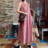 Buckle Cotton And Linen Printed Sleeveless Loose Dress