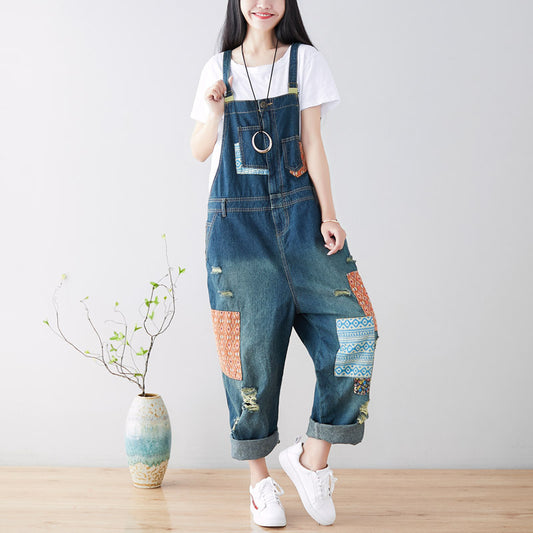 Plus Size Retro Denim Adjustable Loose Ripped Denim Overalls