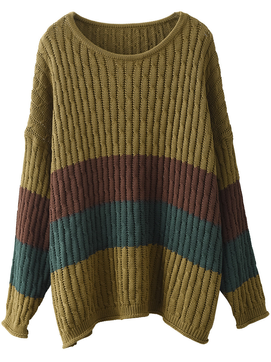 Fashion Knit Loose Colorblock Crew Neck Sweater