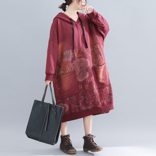 Plus Size Printed Hooded Dress