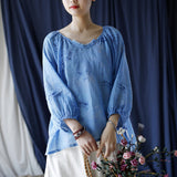Ramie Printed V-Neck Lantern Sleeve Top