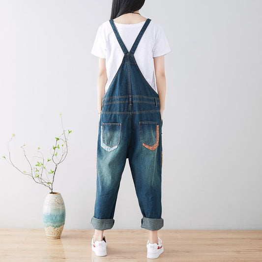 Plus Size Retro Denim Adjustable Loose Ripped Denim Overalls