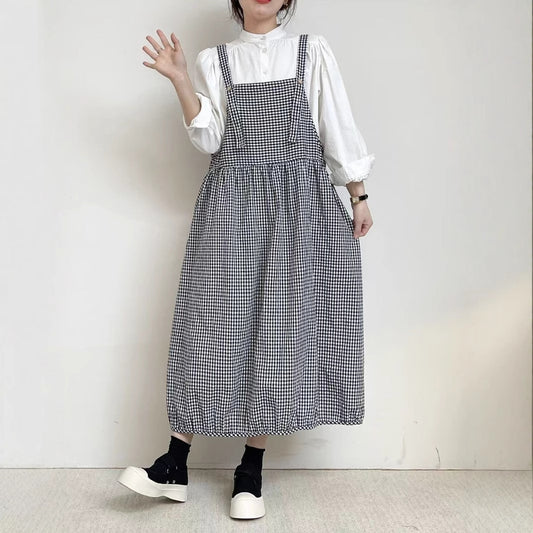 New Suspender Skirt Plaid Slim Temperament Medium Long Dress