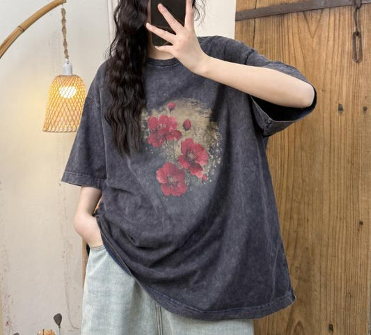 Women Summer Worn Flower O-Neck 100%Cotton Shirt
