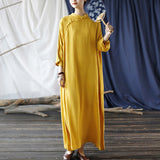 Artsy Vintage Stand Collar Tray Buckle Long Solid Color Dress