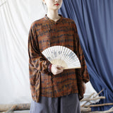 Cotton And Linen Printed Baggy And Slim Vintage Shirt With Stand Collar