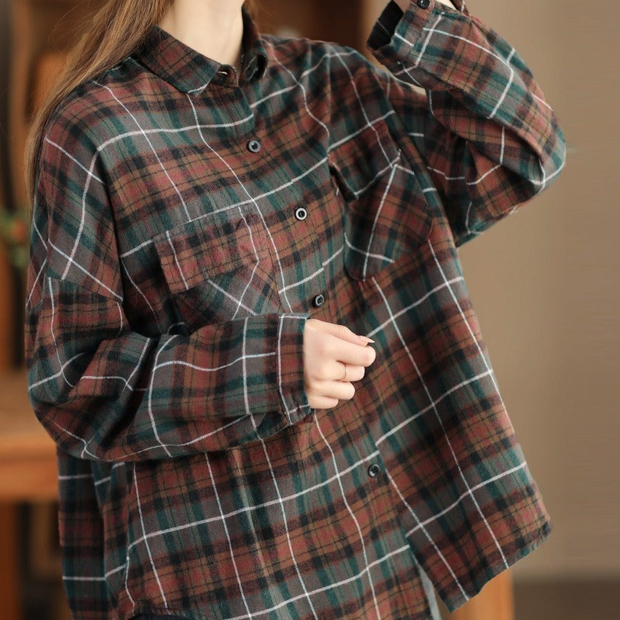 Autumn And Winter Yarn-Dyed Plaid Cotton And Linen Lapel Shirt