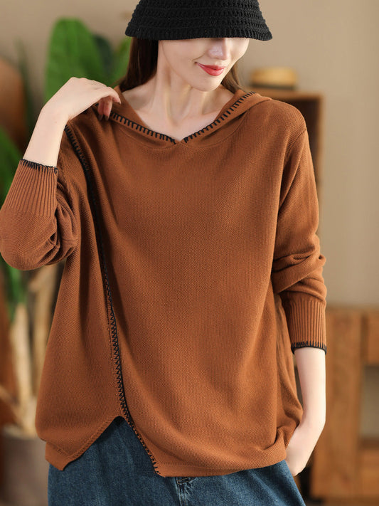 Women Autumn Casual Split Hem Knit Hooded Blouse