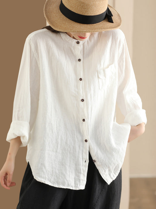 Women Casual Summer Solid Linen Button-Up Blouse