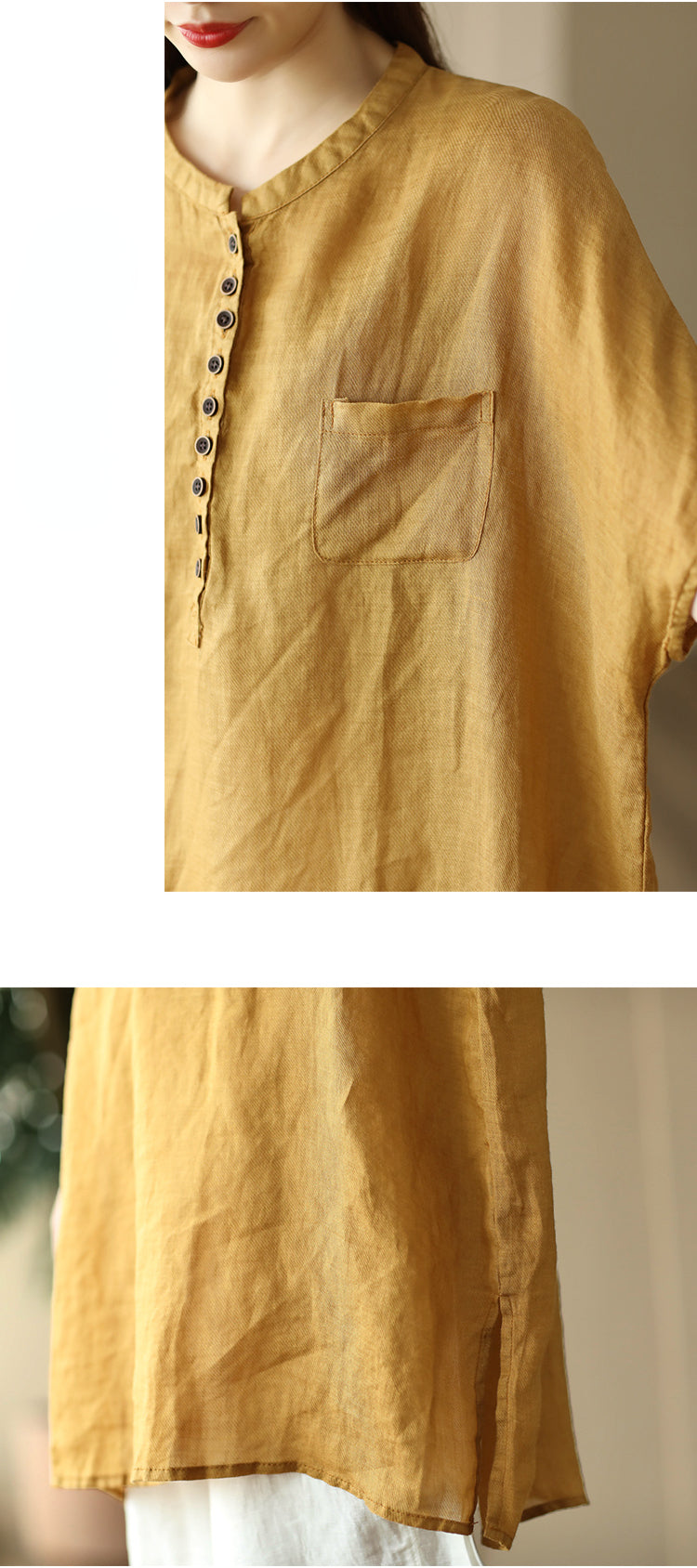 Vintage Graphite Wash 100% Ramie Mid Length Short Sleeve Shirt