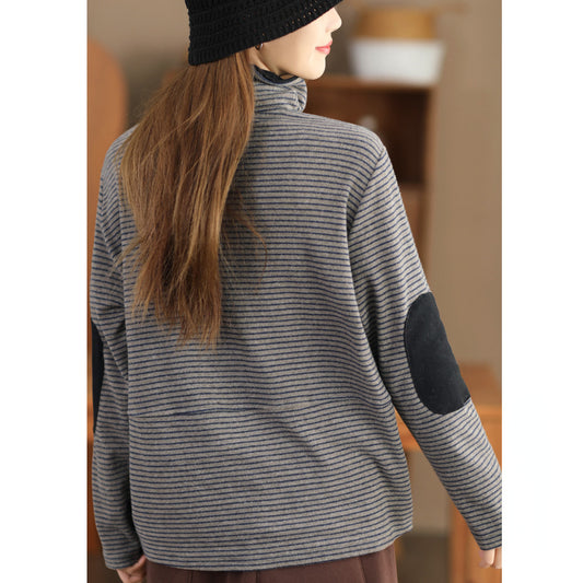 Stylish Striped Cashmere Striped Color Block Turtleneck Top