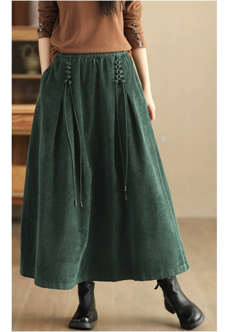 Retro Style Corduroy Elastic Waist Wide Skirt