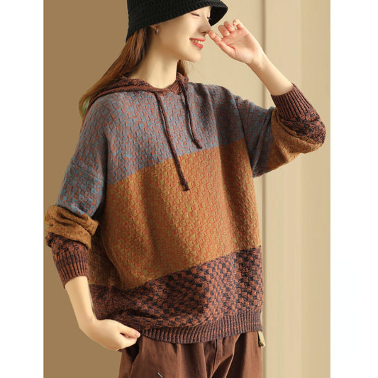 Pull tricoté jacquard vintage à capuche élégant