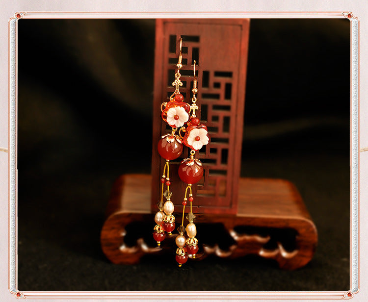 Chinese Style Long Red Tassel Stud Earrings