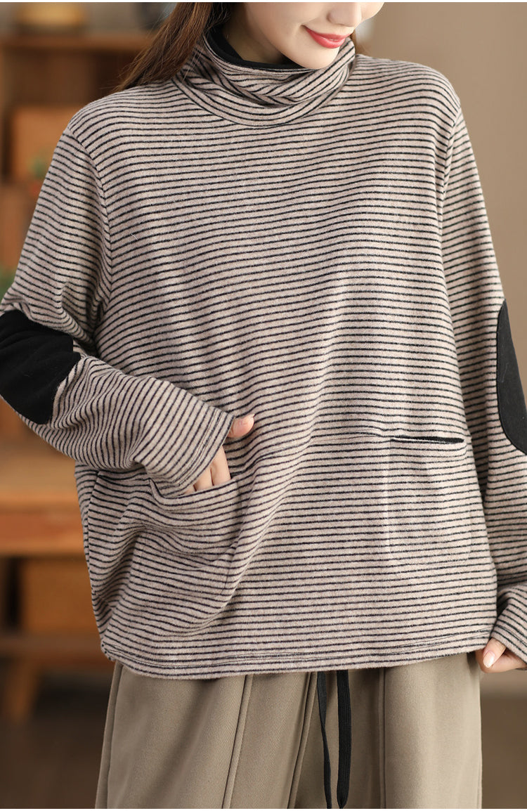 Stylish Striped Cashmere Striped Color Block Turtleneck Top