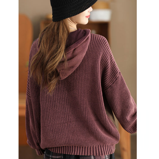 Vintage Knitted Hooded Colorblock Long-Sleeve Sweater
