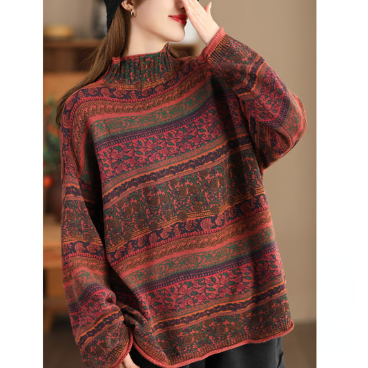 Retro Printed Knitted Loose Turtleneck Long-Sleeved Sweater