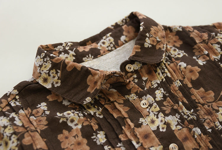 Literary Cotton Yarn Vintage Print Pleated Shirt