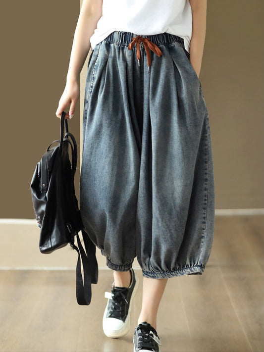 Women Summer CasuaL Solid Drawstring Pocket Denim Harem Pants