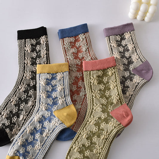 5 paires de chaussettes épissées en jacquard floral décontracté pour femmes