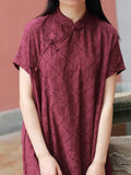 Women Summer Solid Vintage Flower Jacquard Robe Dress